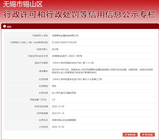 开云 开云体育无锡青时金属制品有限公司因违反《中华人民共和国安全生产法》被处罚(图1)