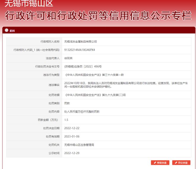 无锡鸿发金属制品有限公司因违反《中华人民共和国安全生产法》被处罚开云体育 开云官网(图1)