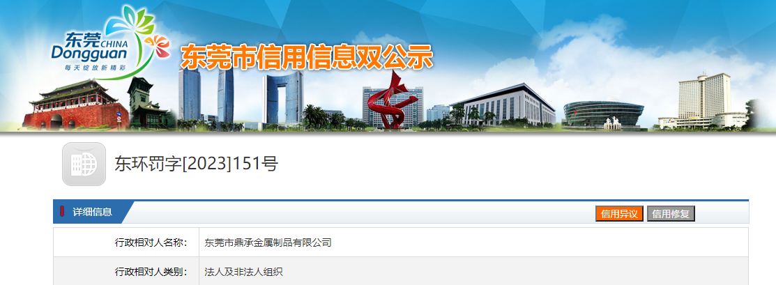 开云 开云体育平台广东省东莞市生态环境局关于东莞市鼎承金属制品有限公司的行政处罚信息(图1)